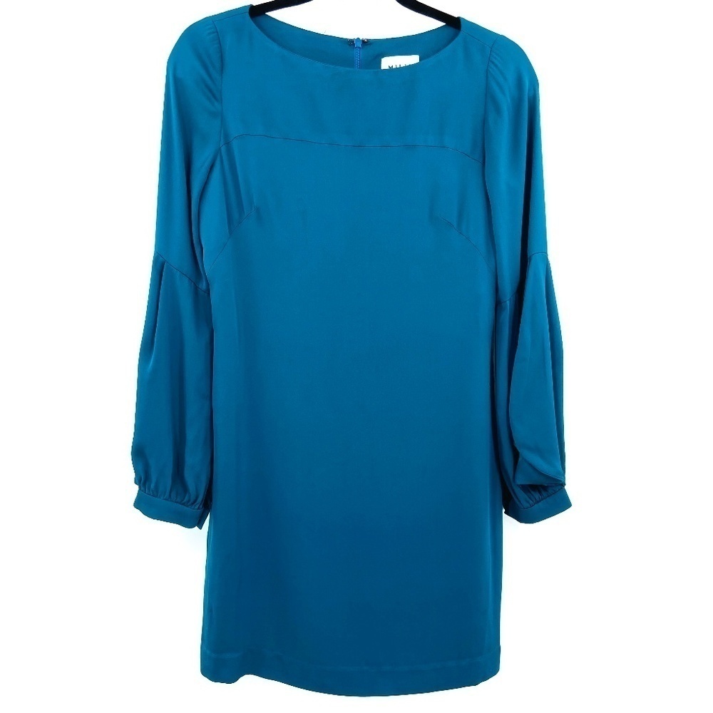 MILLY Silk Emerald Green Short Unique Puff Long Sleeve Shift Cocktail Dress Sz 2